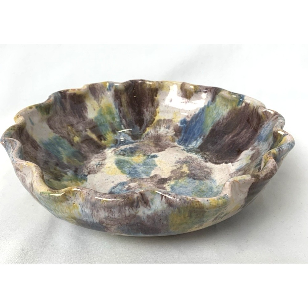 Art Pottery Bowl Drip Glaze Red Clay Ruffled Edge 8" Harpers Ferry West Virginia